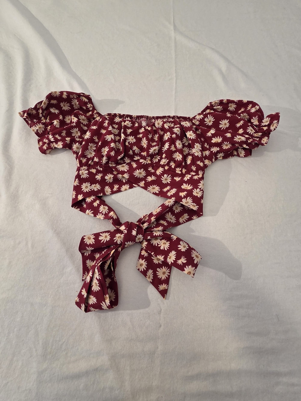 Boho Romantic Floral Off-Shoulder Tie-Back Crop Top - Burgundy